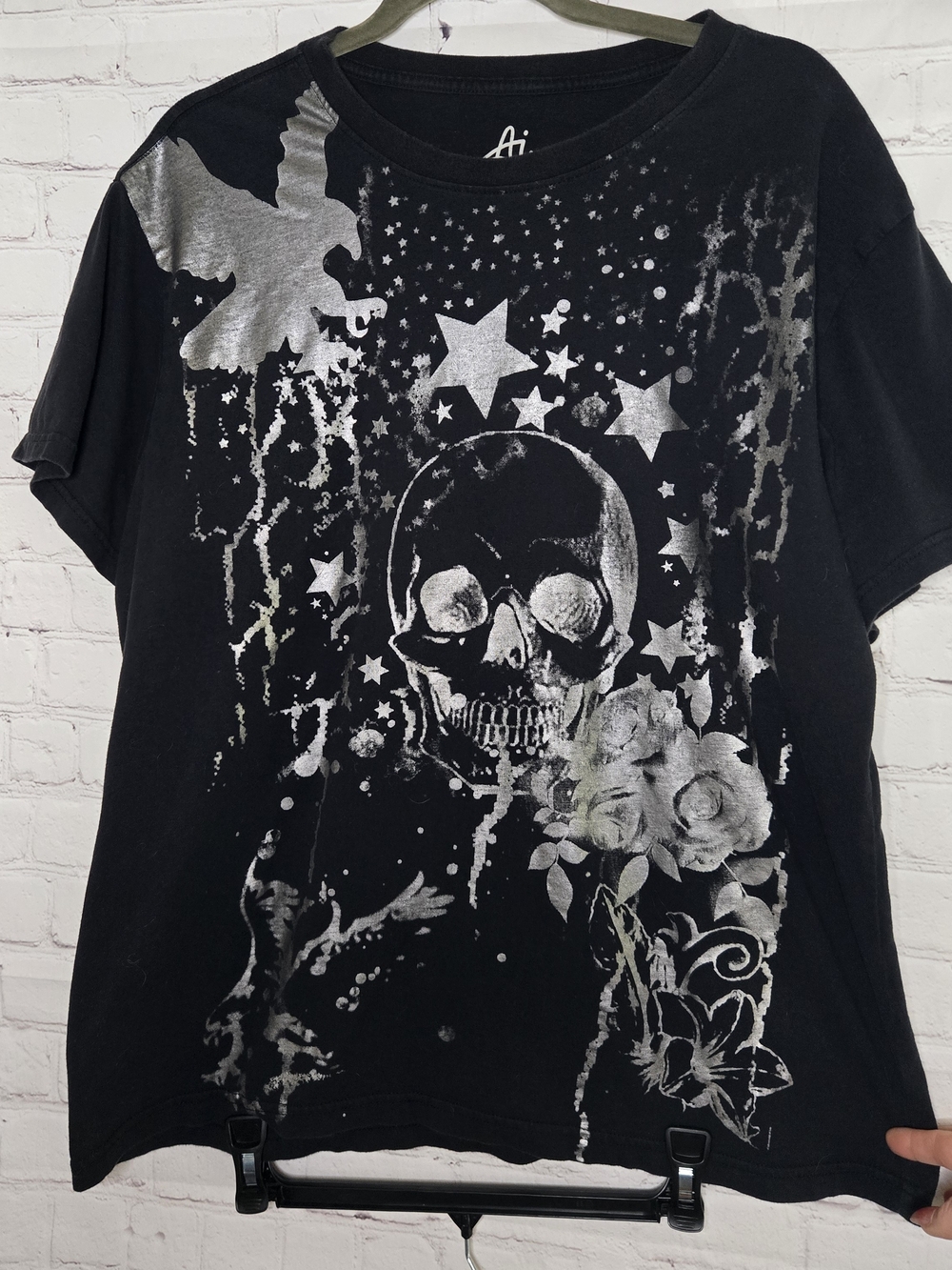 Black Graphic Skull Tee with Silver Stars & Roses Cyber Grunge Mall Goth